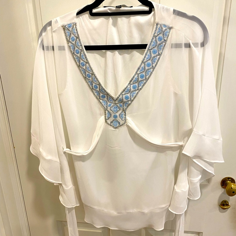 White House Black Market flowy white sequined top XXS